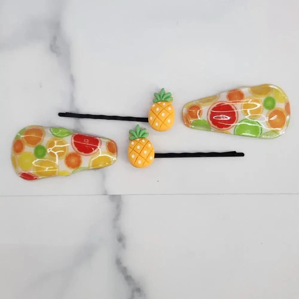 4 pc Fruit Hair Accessories 2 Pineapple bobby pins 2 citrus snap barrette clips